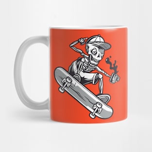 Skateboarding Skeleton with Spilling Coffee Mug